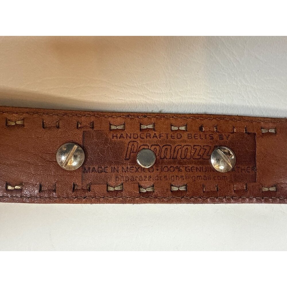 Handcrafted Leather Cowhide Belt Western Style Rhinestones Floral Buckle Design - Picture 6 of 9